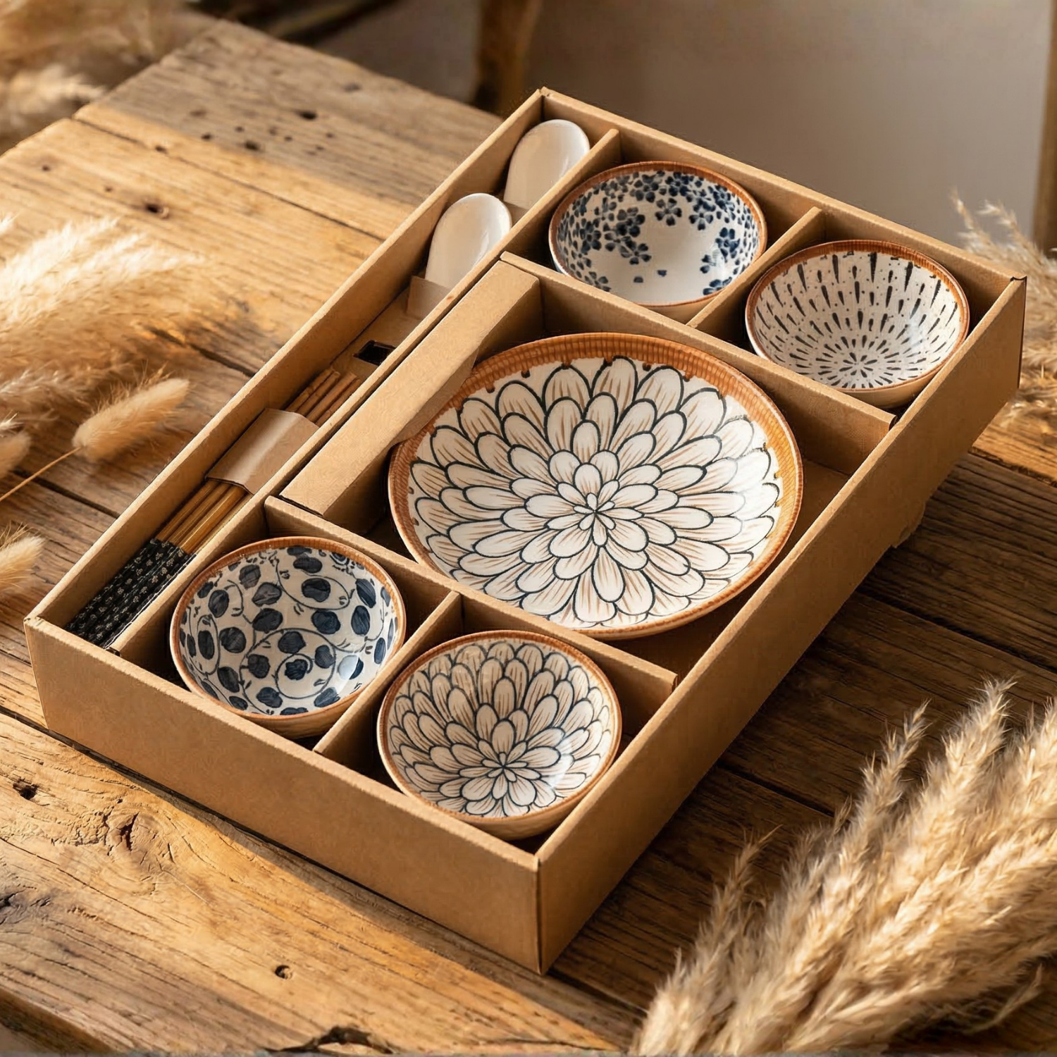 Japanese Style Ceramic Dinnerware Set for 2 | Porcelain Bowls & Plates Gift Box Set | Microwave Safe Tableware | Modern Minimalist Aesthetic | Wedding Housewarming Gift