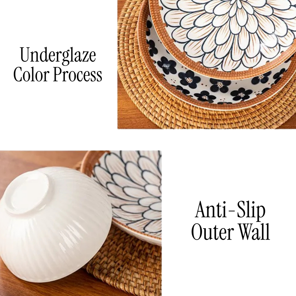 Close-up of patterned plate edge and white serving bowl with lid for Japanese tableware
