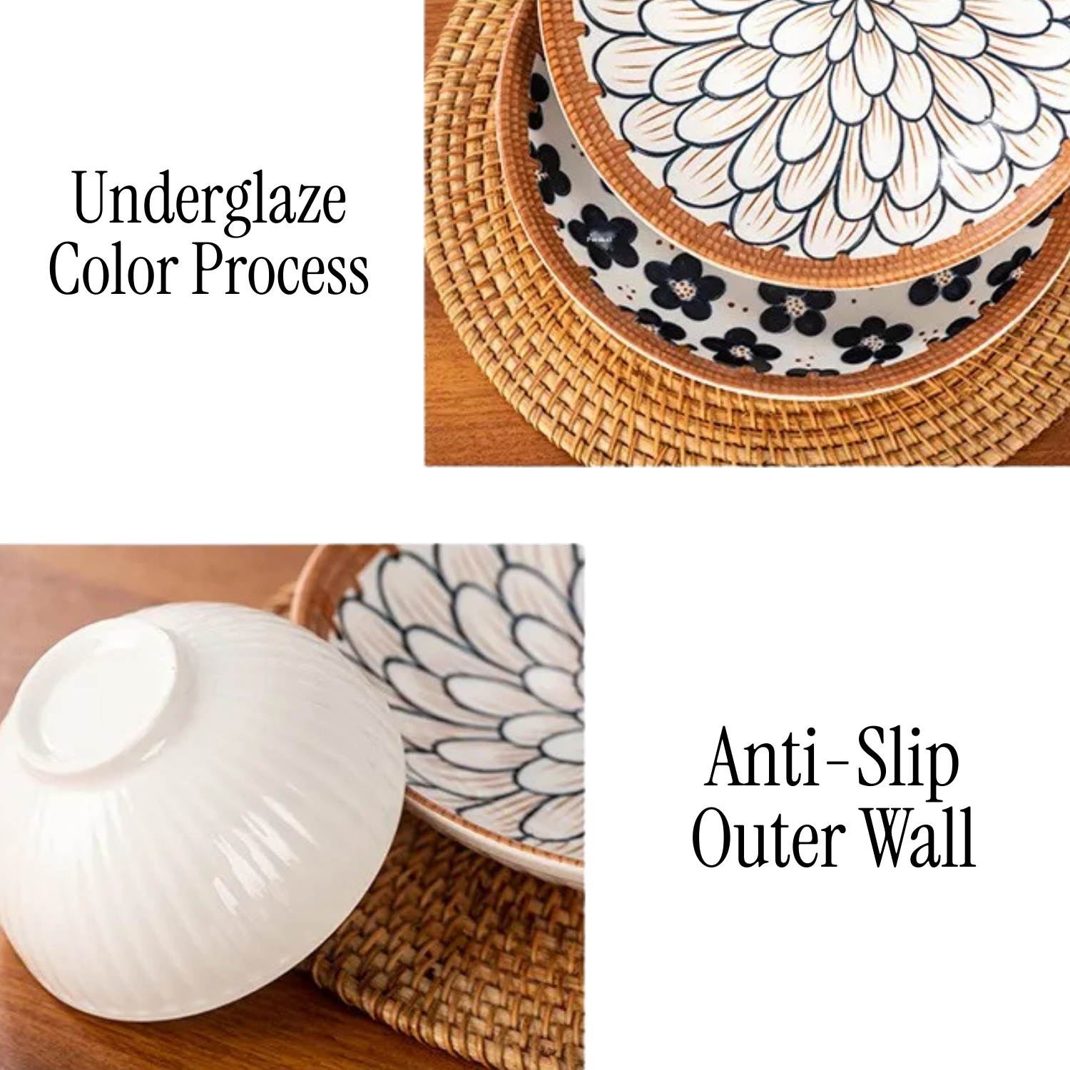 Close-up of patterned plate edge and white serving bowl with lid for Japanese tableware