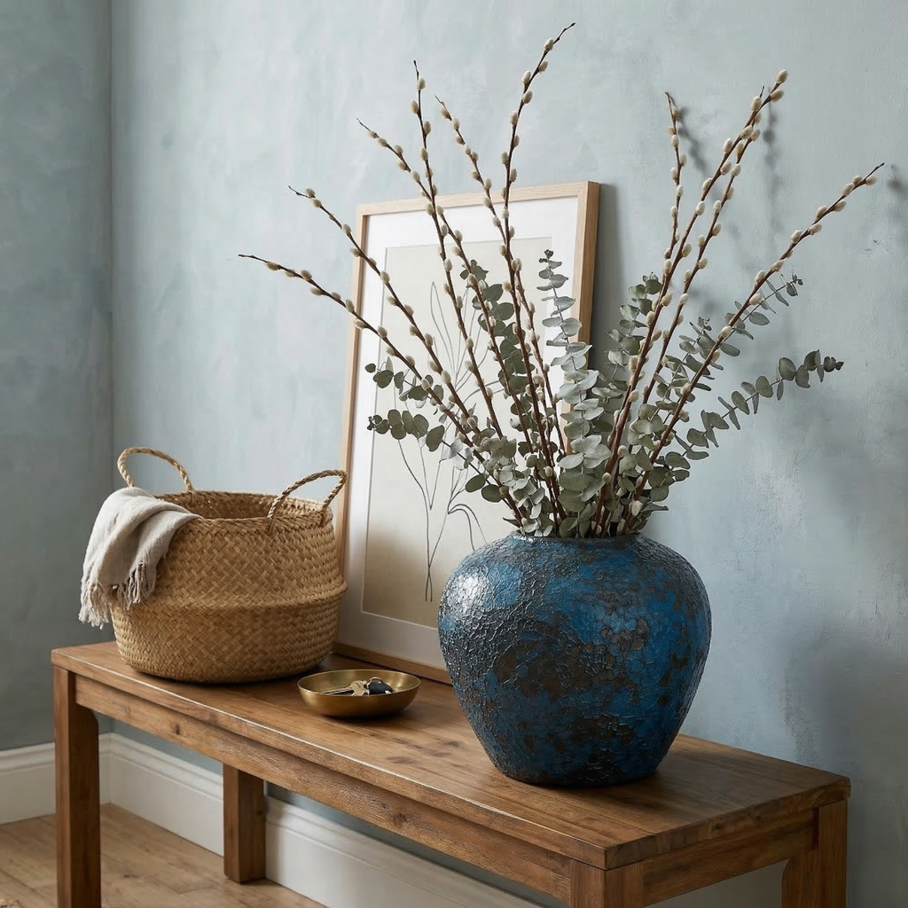 Blue crackle-glaze ceramic vase with a round belly, displaying dried stems