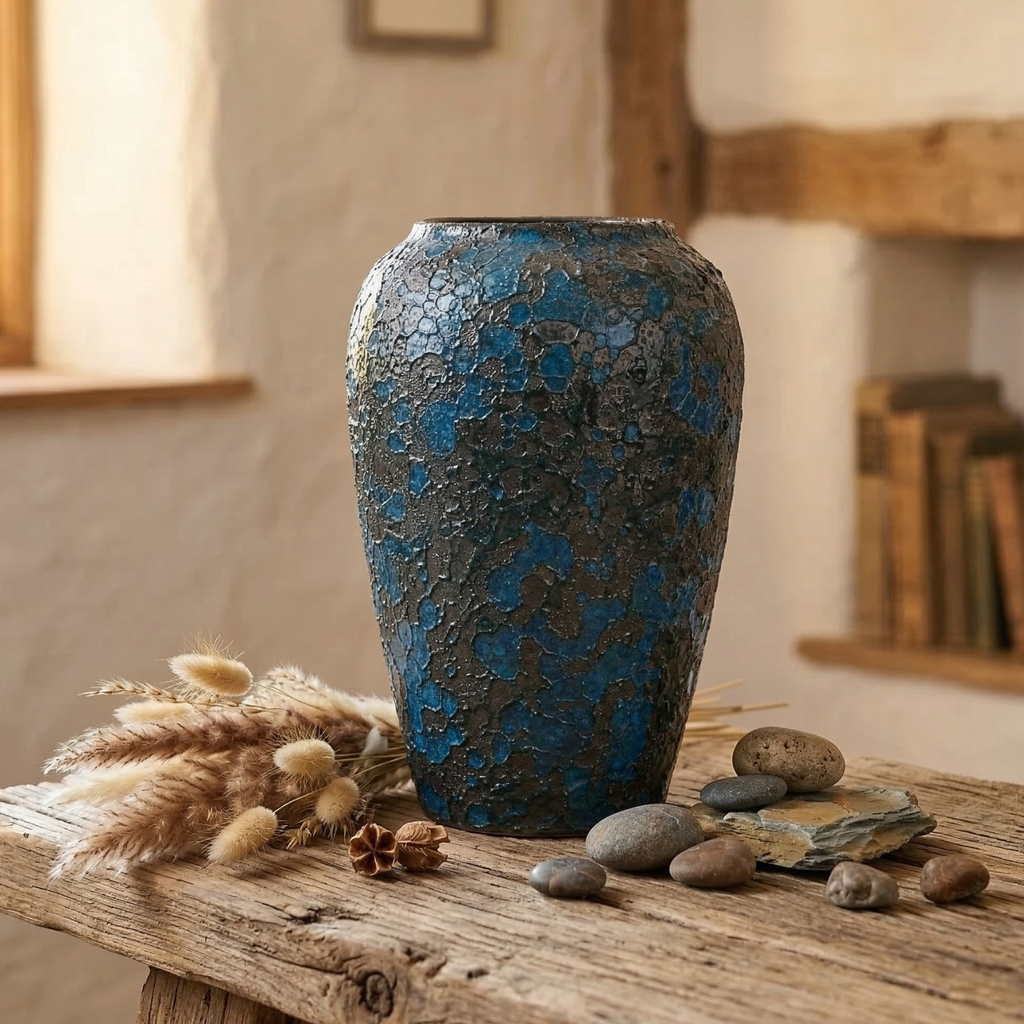 Tall blue crackle-glaze ceramic vase with rugged cracked pattern