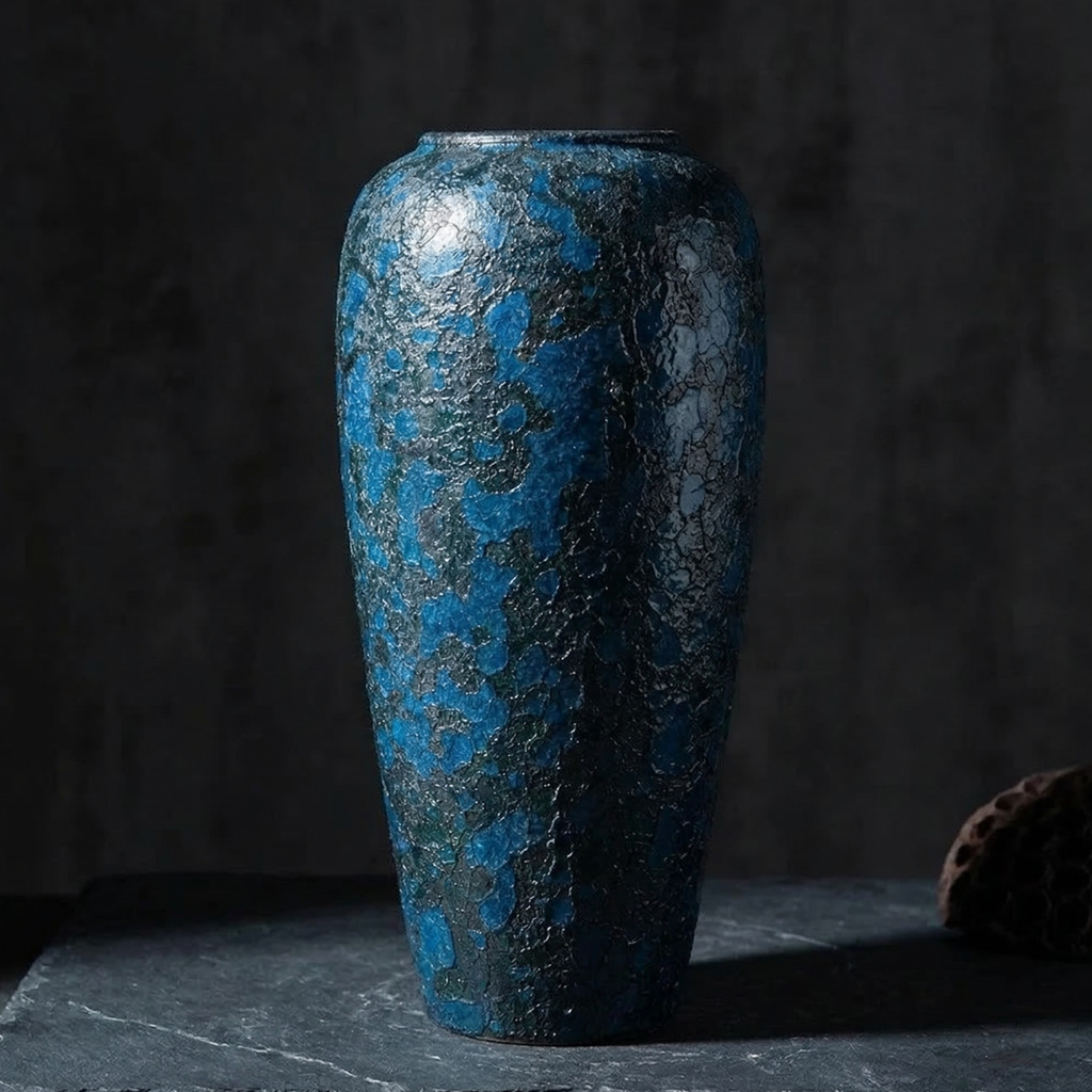 Blue crackle-glaze ceramic vase, tall urn shape with textured cracked finish