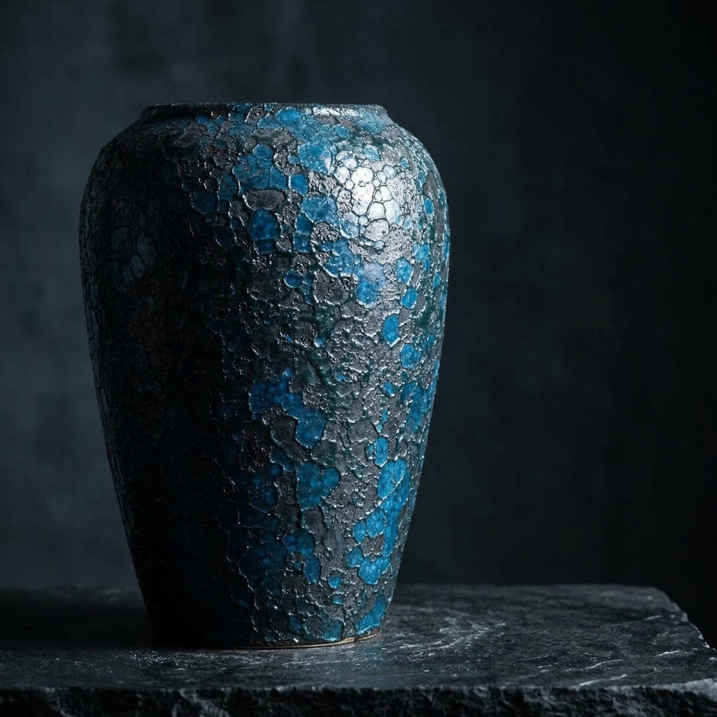 Blue crackle-glaze ceramic vase, side view with dark-to-light cracked surface