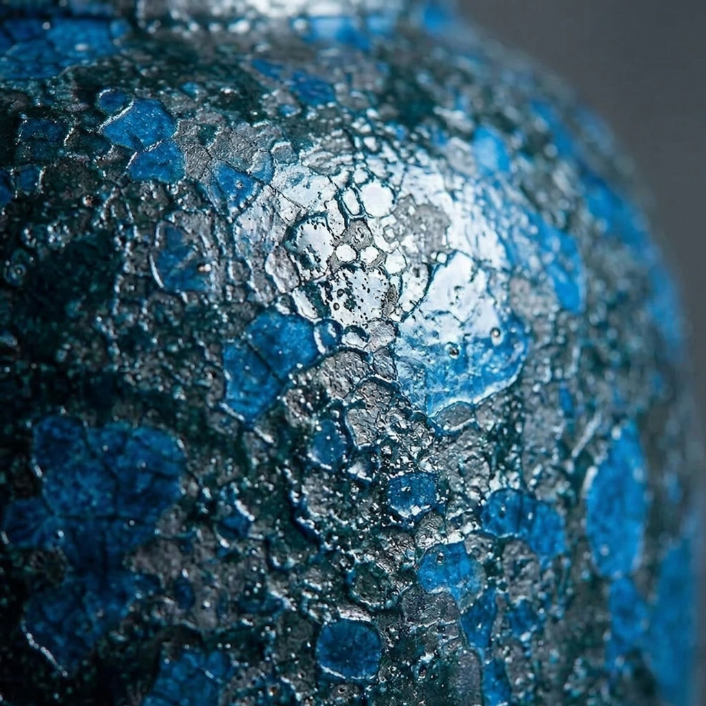 Crackle glaze detail on blue ceramic vase: small cracked cells and flecks