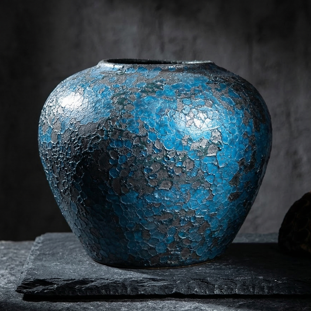 Blue crackle-glaze ceramic vase, close-up front view of cracked glaze