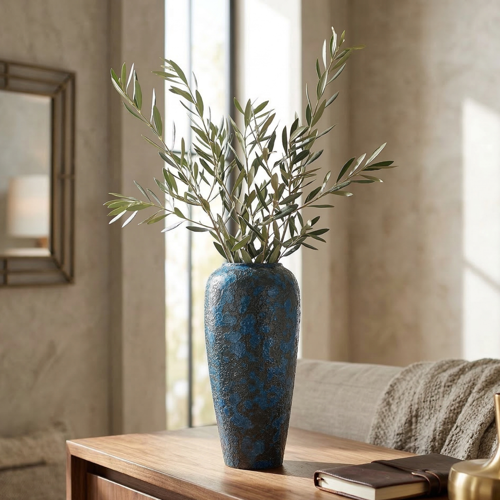 Blue crackle-glaze ceramic vase, tall tapered shape