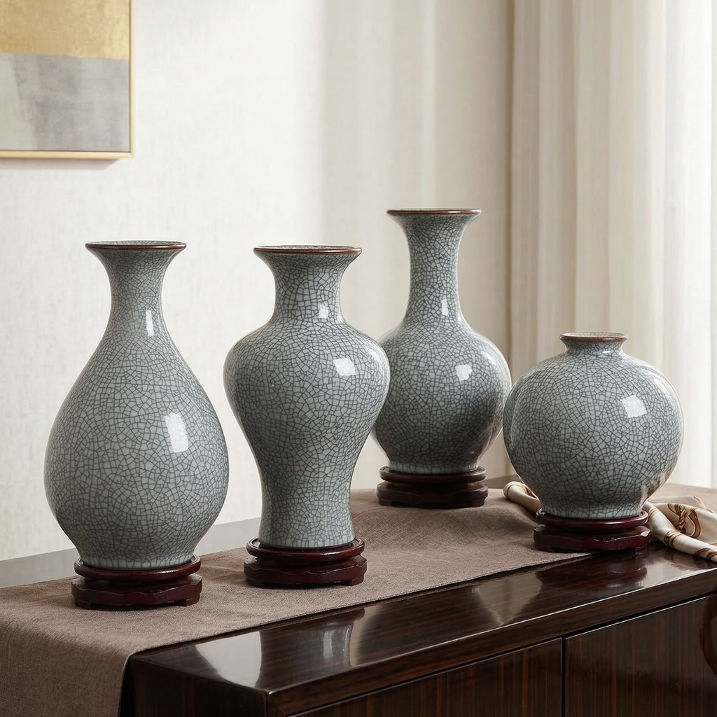Crackle glaze porcelain vases, dark green with textured crazing, four classic shapes