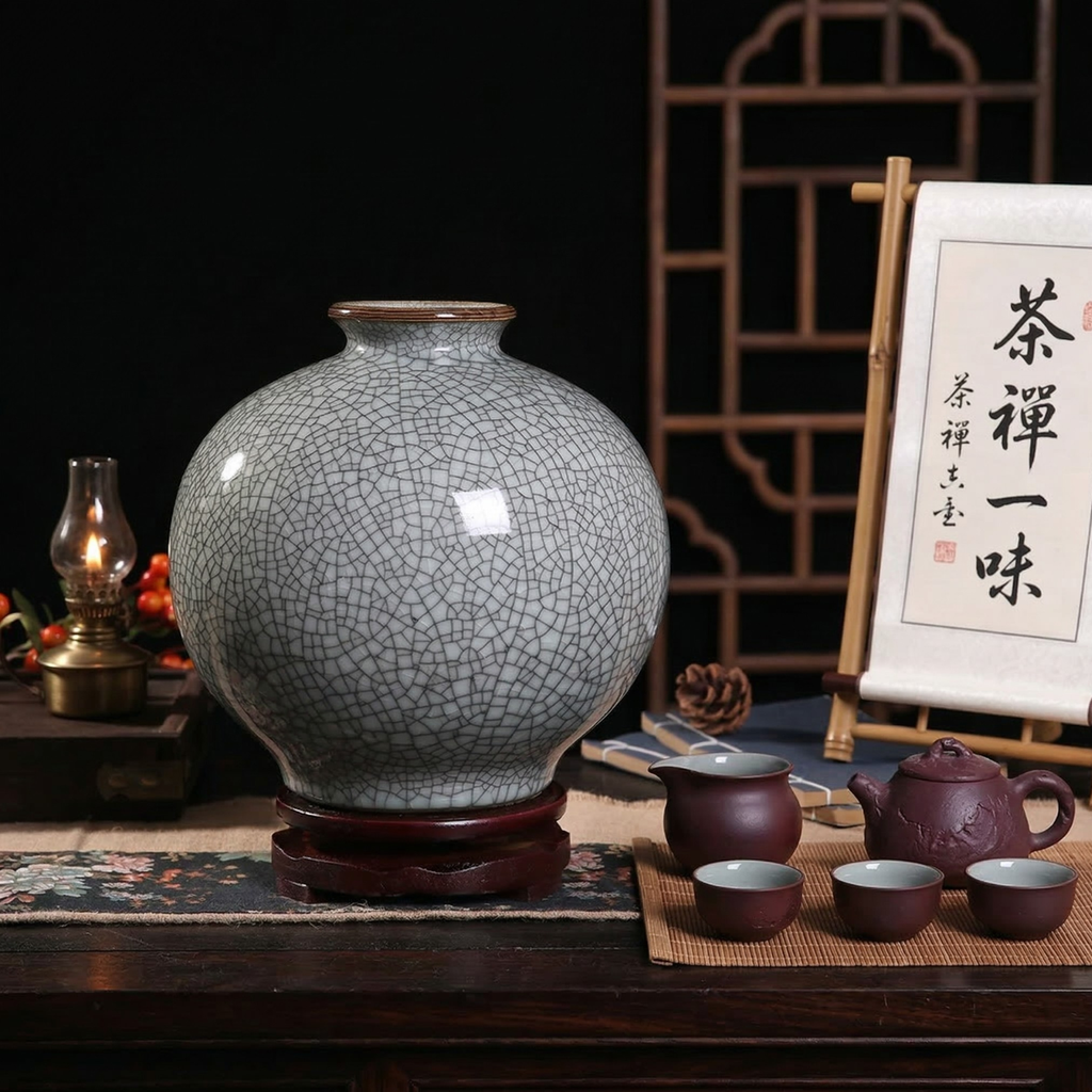 Crackle glaze porcelain globe vase with wide belly and brown-tinted rim, white-gray tone