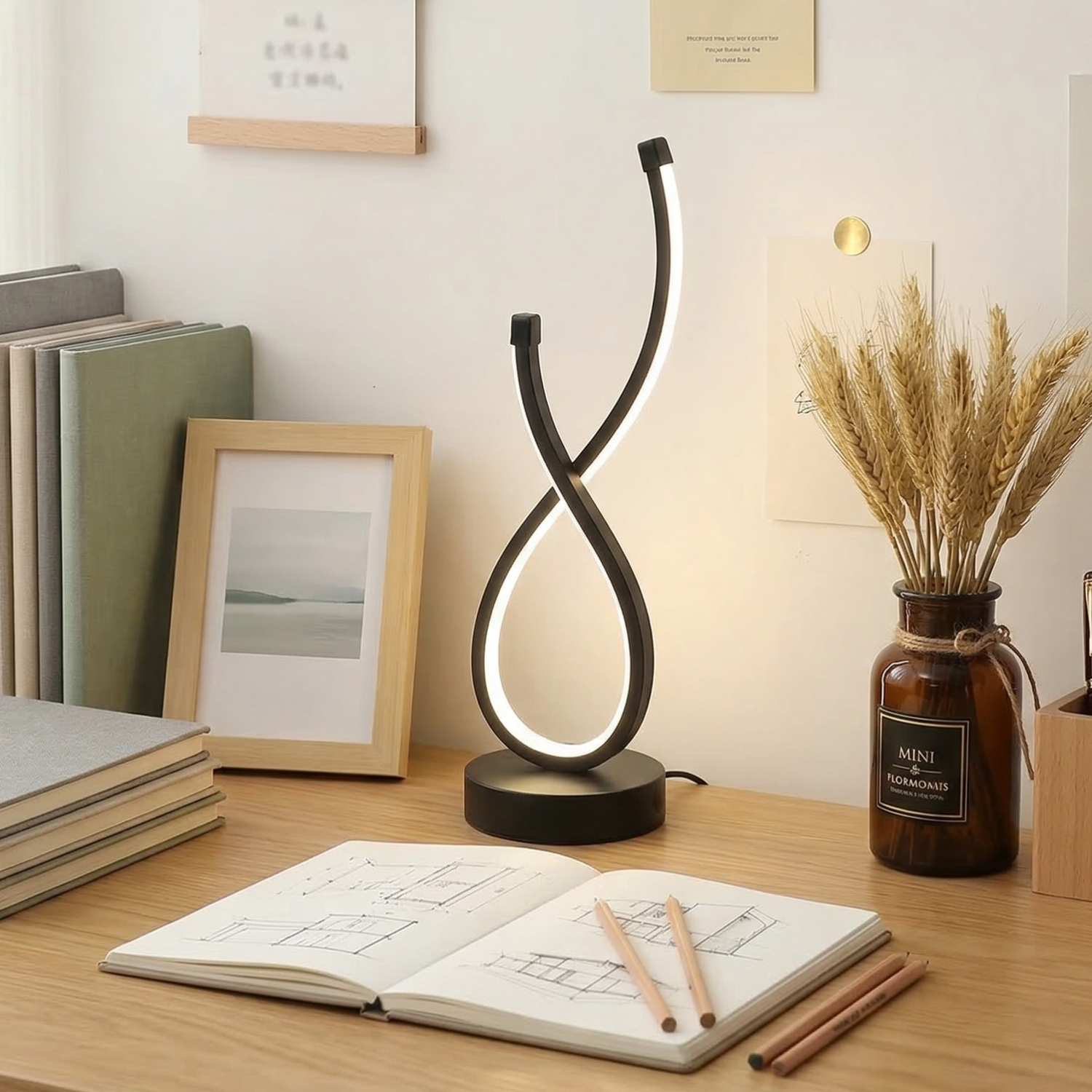 LED spiral desk lamp on desk with soft white glow, double-loop shape