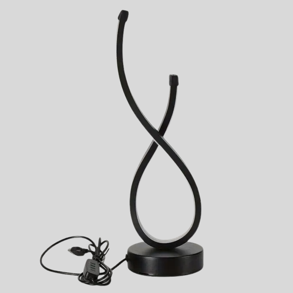 LED spiral desk lamp product view: black double-loop light frame and power cord