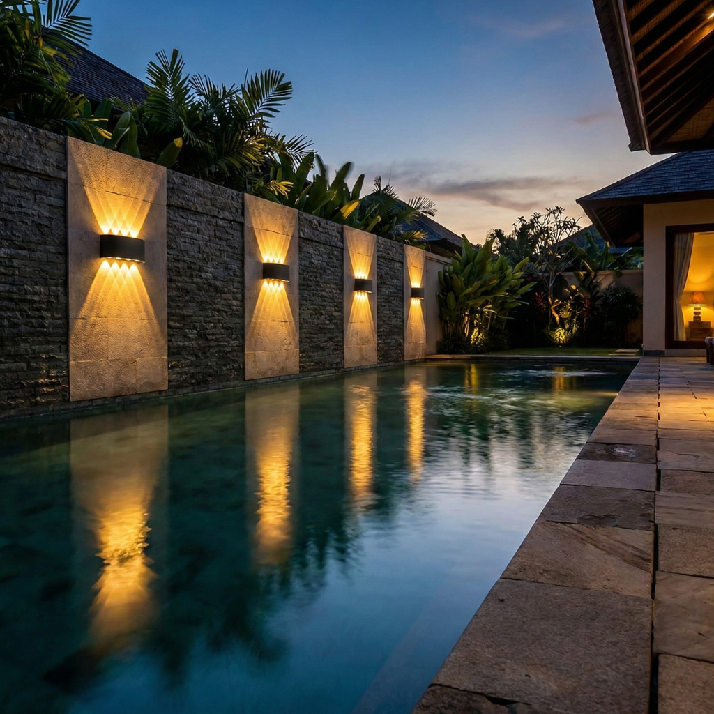 Outdoor LED up-down wall sconces with warm white light, black fixtures