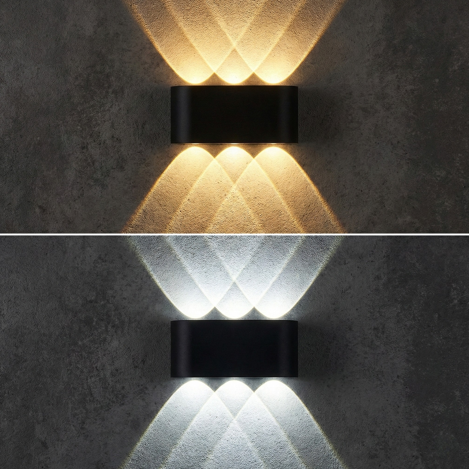 Close-up LED up-down wall sconce emitting warm white light, black brackets