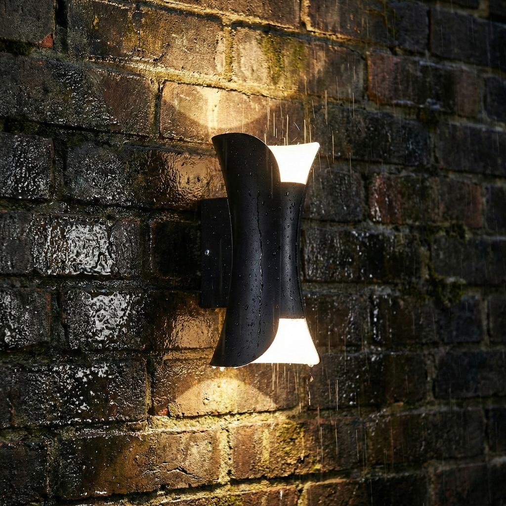 Black LED outdoor wall sconce with dual up-and-down beams, warm-white glow