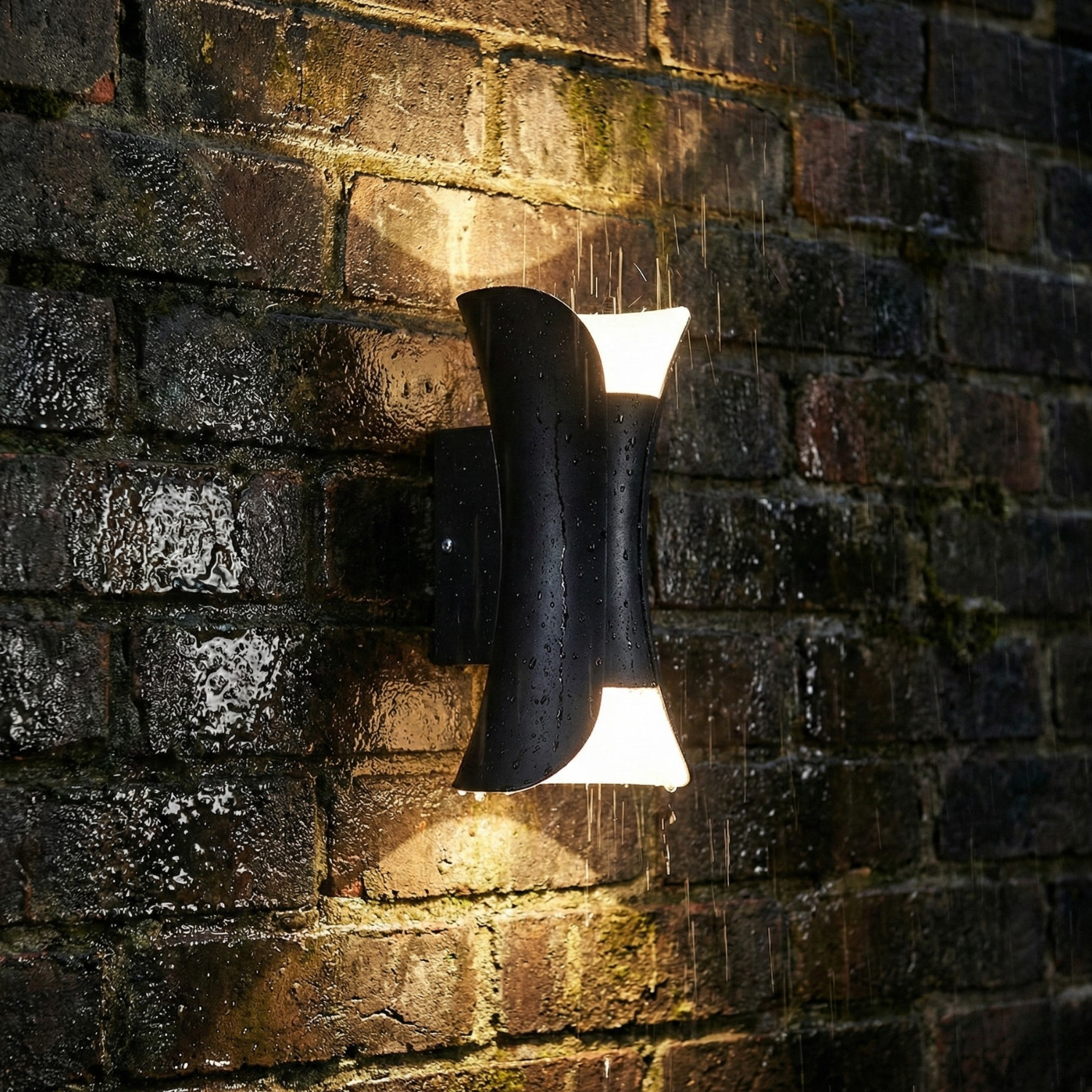 Black LED outdoor wall sconce with dual up-and-down beams, warm-white glow