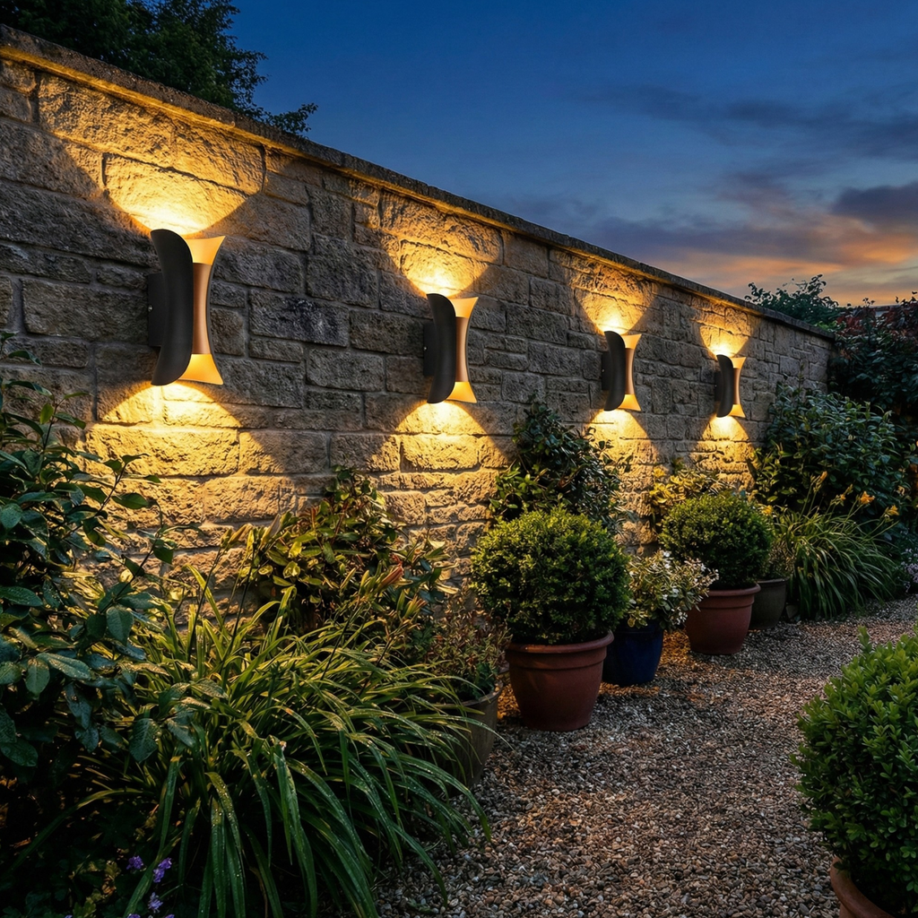 Set of black LED outdoor wall sconces with dual up-down illumination, warm white