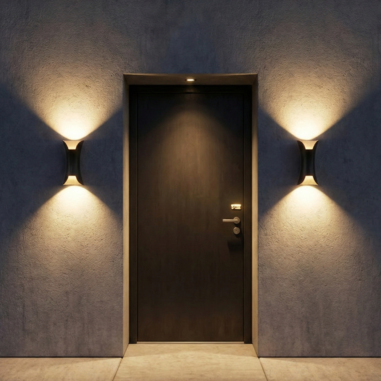 Black dual-beam LED wall sconce showing up and down light panels, warm white