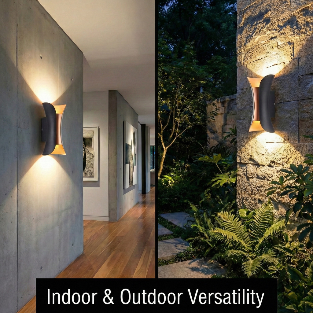 Black LED up-and-down wall sconce on an exterior wall with dual light beams