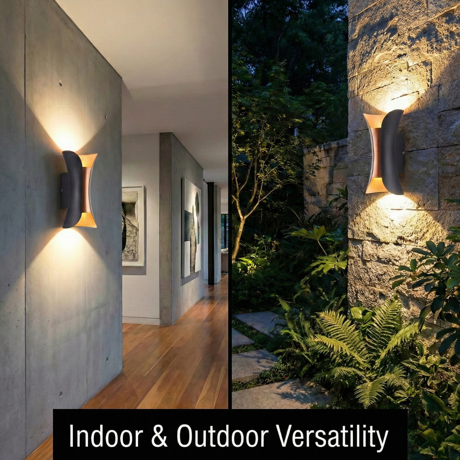 Black LED up-and-down wall sconce on an exterior wall with dual light beams