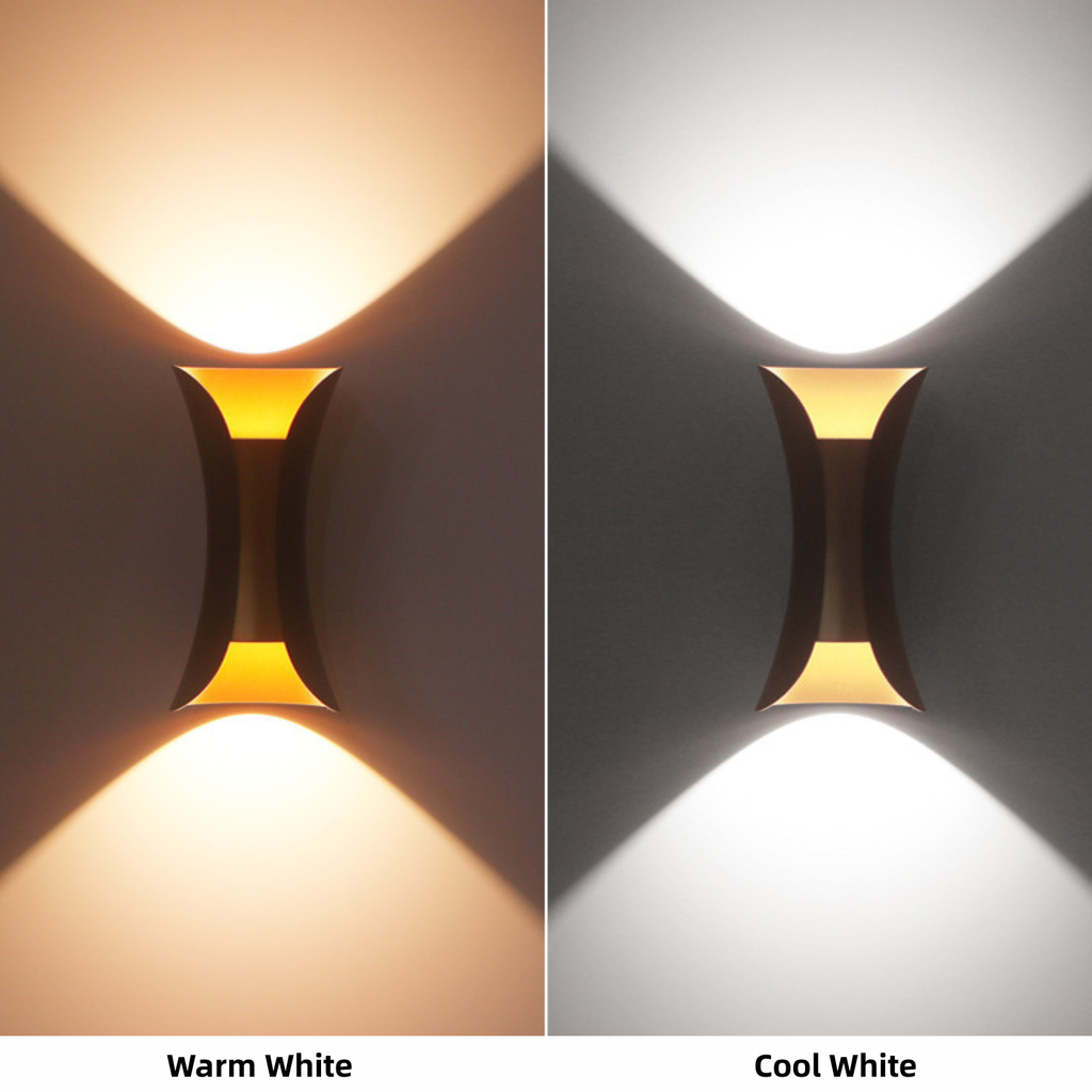 Black dual-beam wall sconce shown in Warm White and Cool White modes