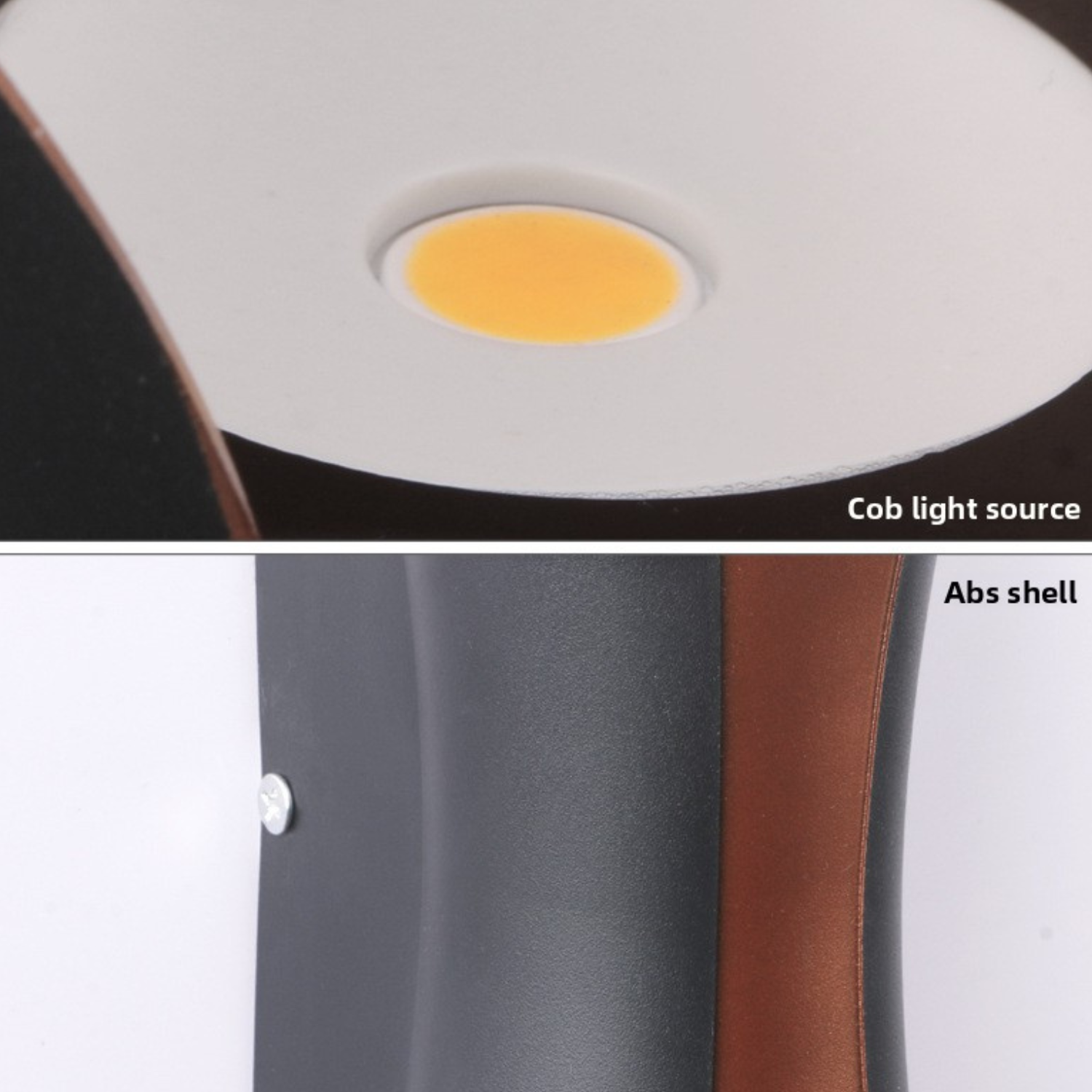 LED wall sconce close-up: COB light source and ABS shell on black housing