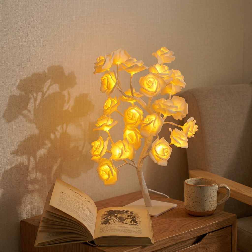 Decorative lamp with glowing yellow roses on a wooden table next to an open book and a mug.