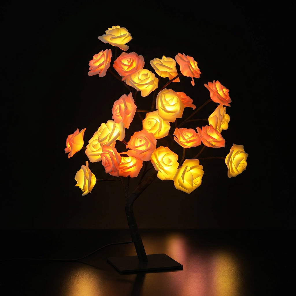 Decorative LED tree with illuminated roses on a black background
