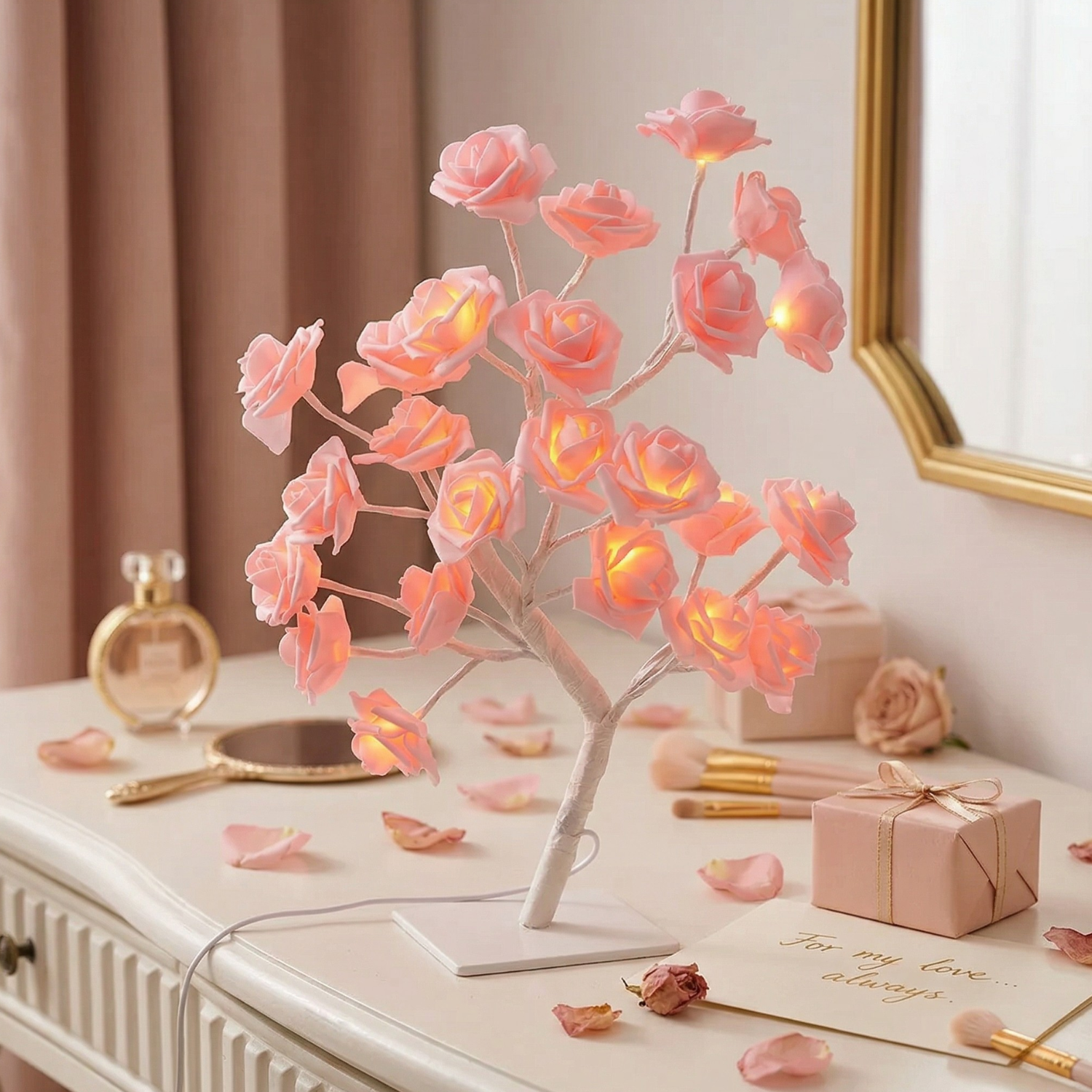LED Rose Tree Table Lamp | Flower Night Light | White Pink USB Powered | Bedroom Decor Wedding Anniversary Gift Atmosphere Light