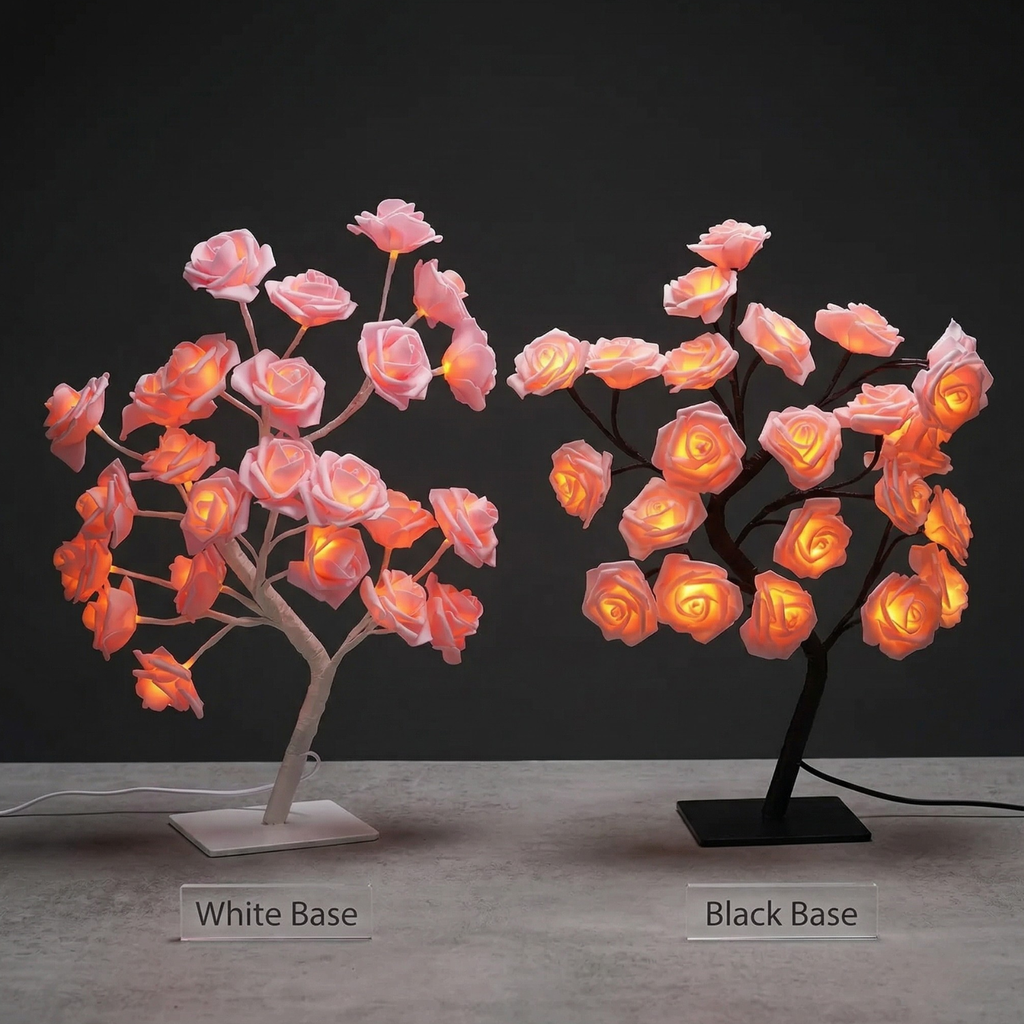 Two LED rose tree lamps: pink roses on white and black bases