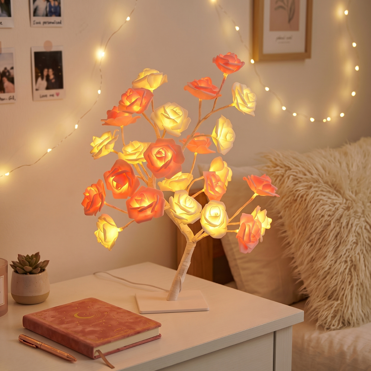LED Rose Tree Table Lamp | Flower Night Light | White Pink USB Powered | Bedroom Decor Wedding Anniversary Gift Atmosphere Light