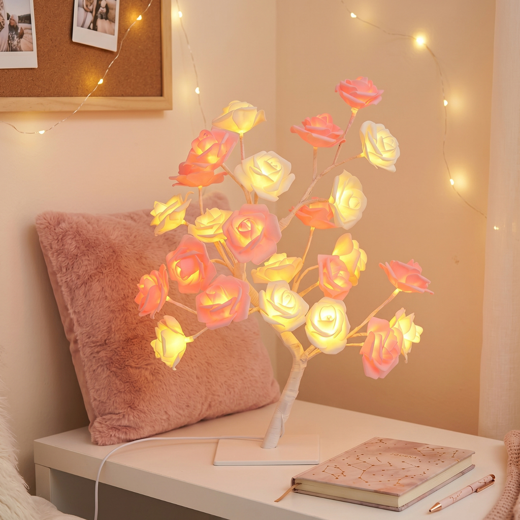 LED rose tree table lamp with white and yellow glowing roses, white base