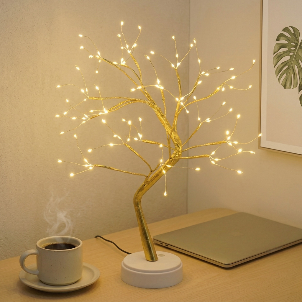 Gold LED bonsai table lamp with warm fairy lights on golden branch tree