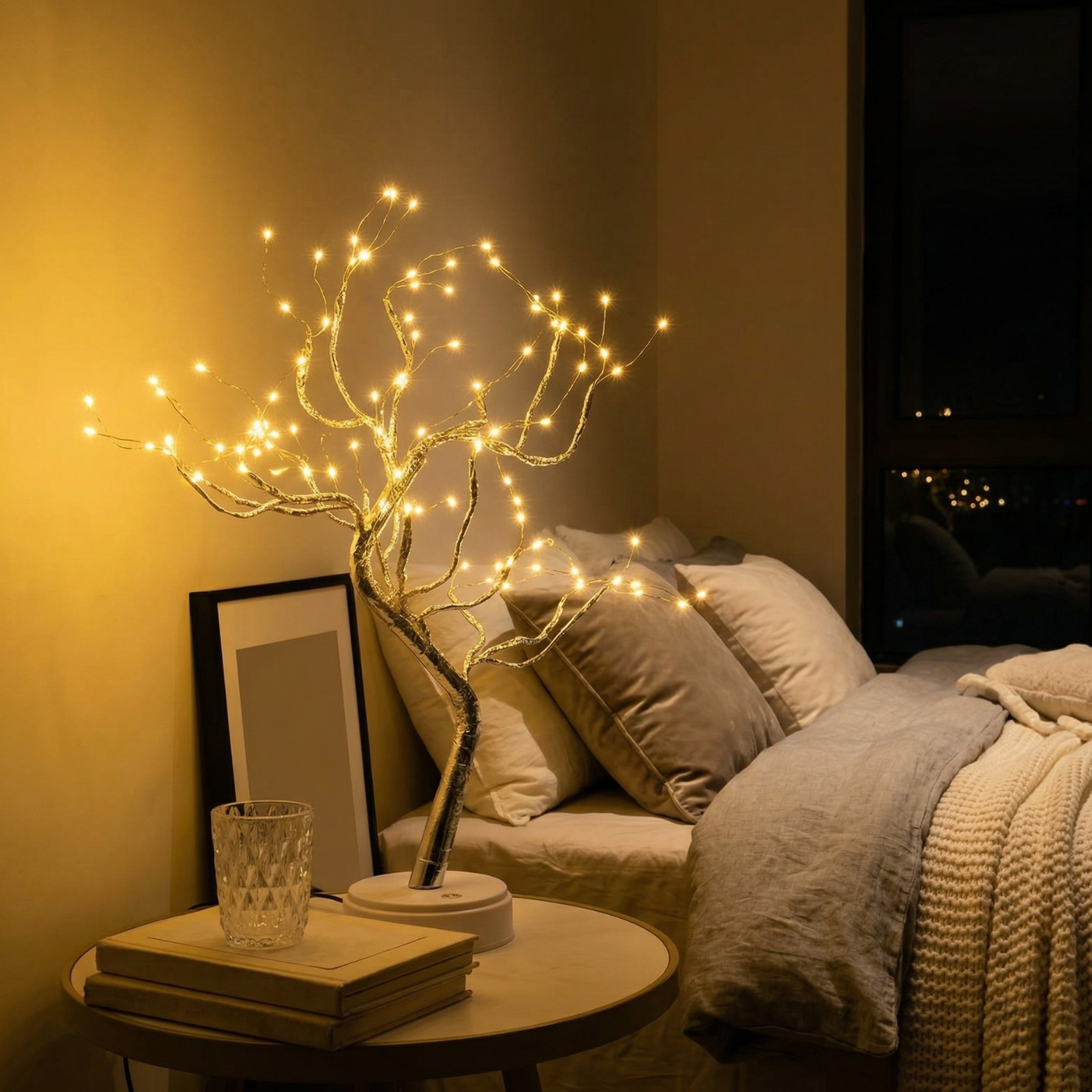 Gold LED bonsai table lamp with warm fairy lights on branches beside bed