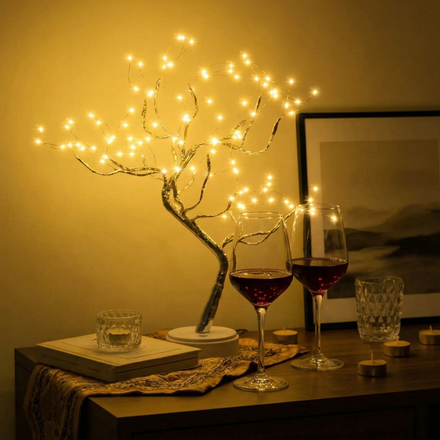 LED Tree Table Lamp with 108 Fairy Lights – Touch Control USB/Battery Powered Decorative Bonsai Light for Bedroom, Living Room, Wedding & Holiday Decor (Gold or Silver Branches)