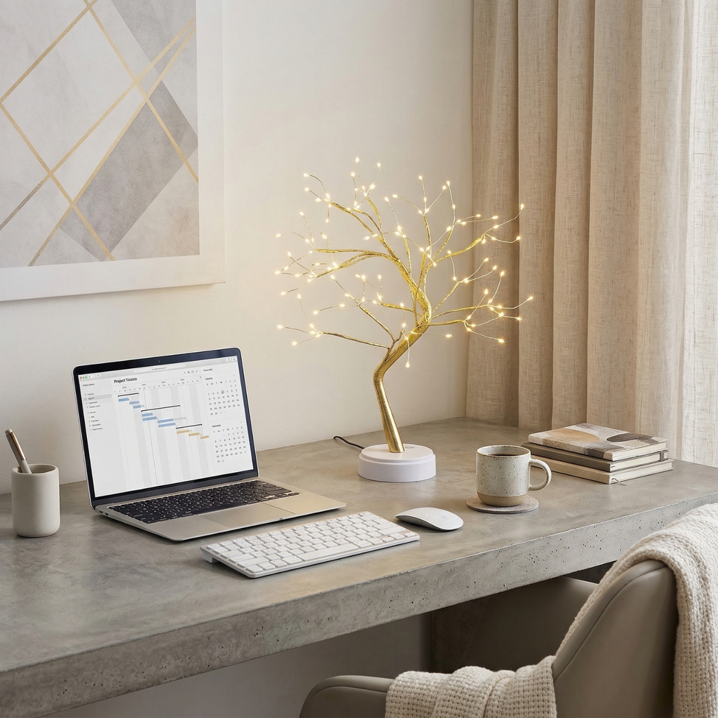 Gold LED bonsai table lamp with warm fairy lights on branches on desk