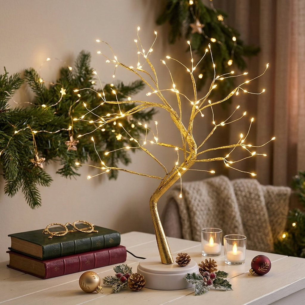 Gold LED bonsai table lamp with warm fairy lights on branches with holiday decor