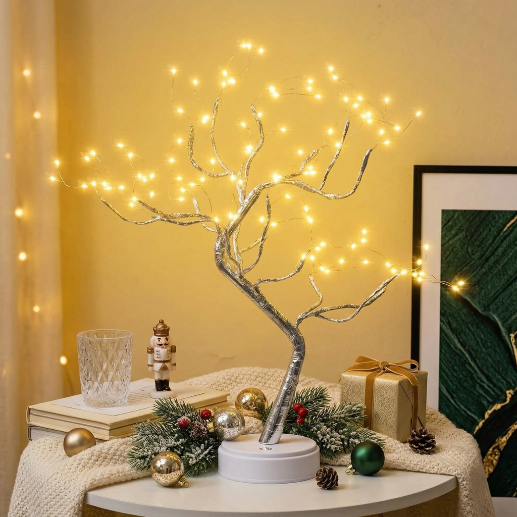 Silver LED bonsai table lamp with warm fairy lights on tree branches and base