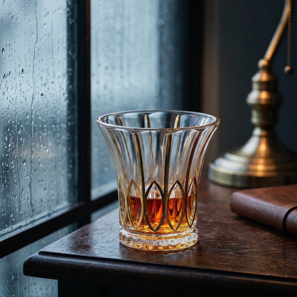 Leaf crystal whiskey tumbler with gold rim and leaf-cut design, flared glass shape