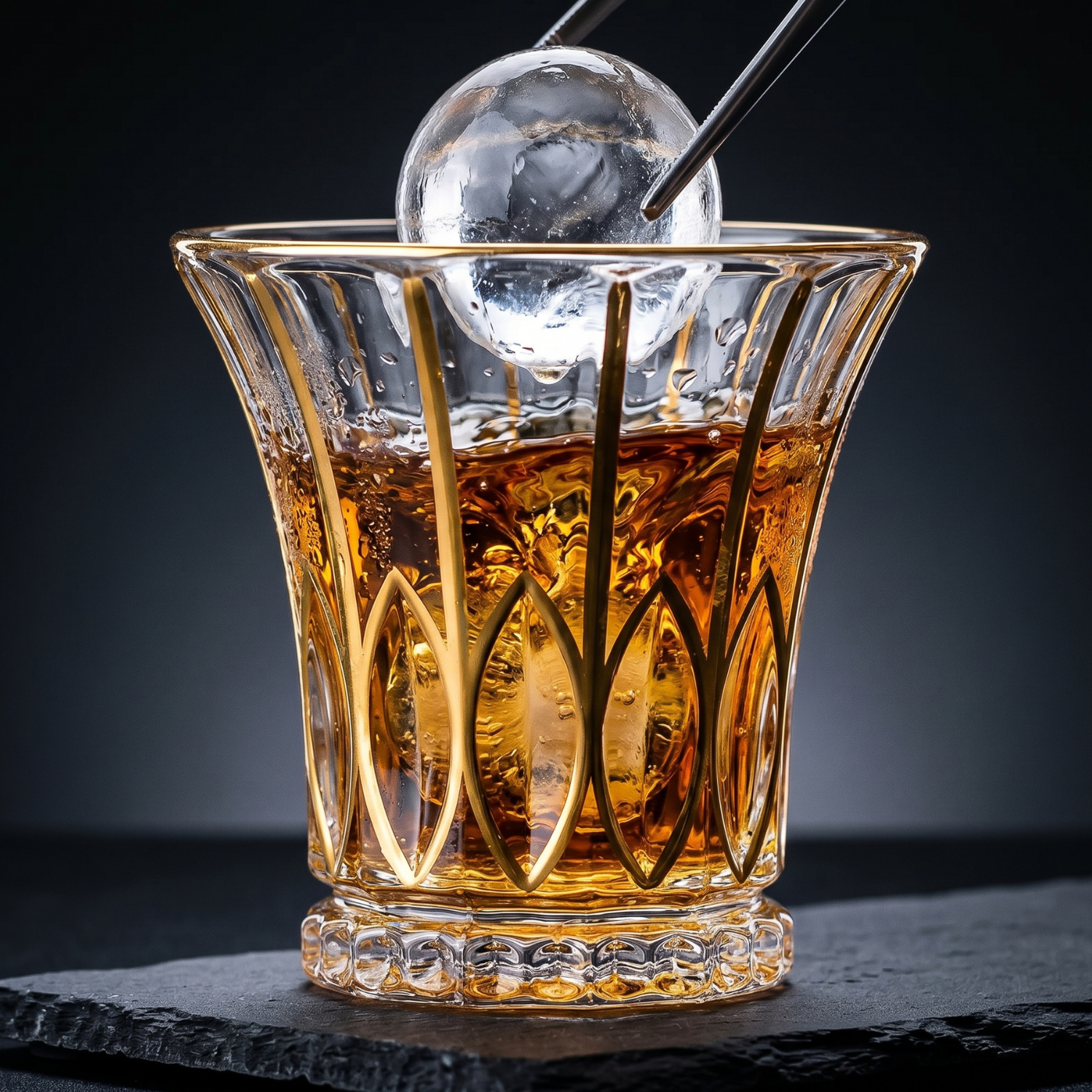 Leaf crystal whiskey tumbler with gold rim, leaf-cut sides and textured decorative base