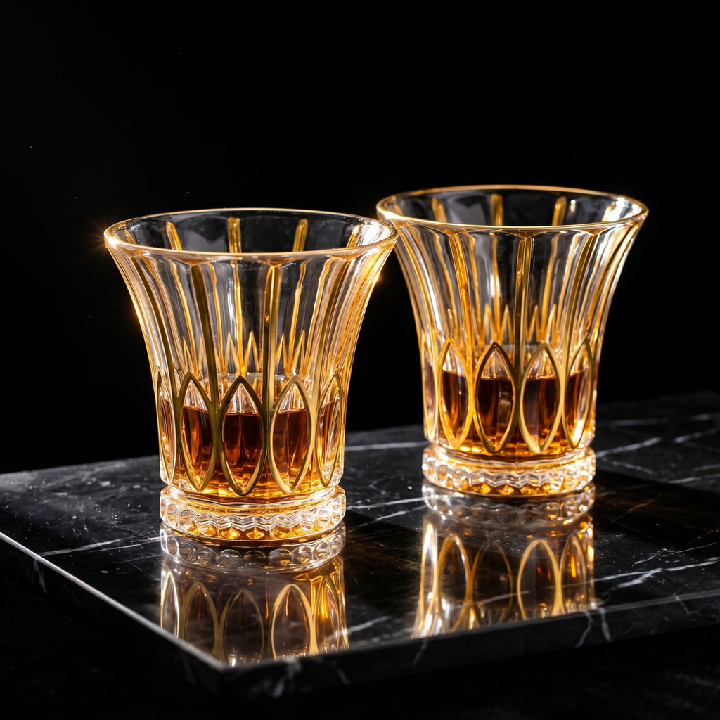 Pair of leaf crystal whiskey tumblers with gold rim, flared shape and leaf cut design