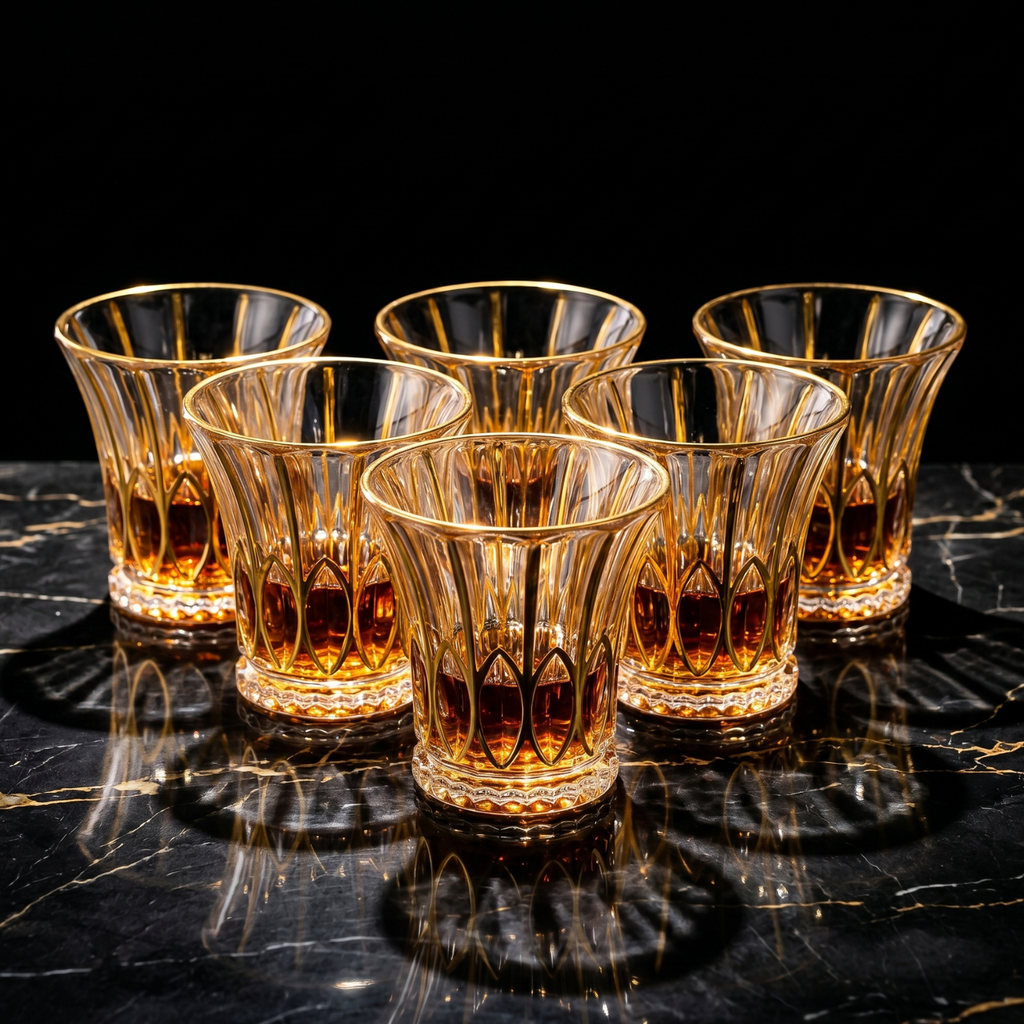 Set of leaf crystal whiskey tumblers with gold rim, flared cups with leaf cut design