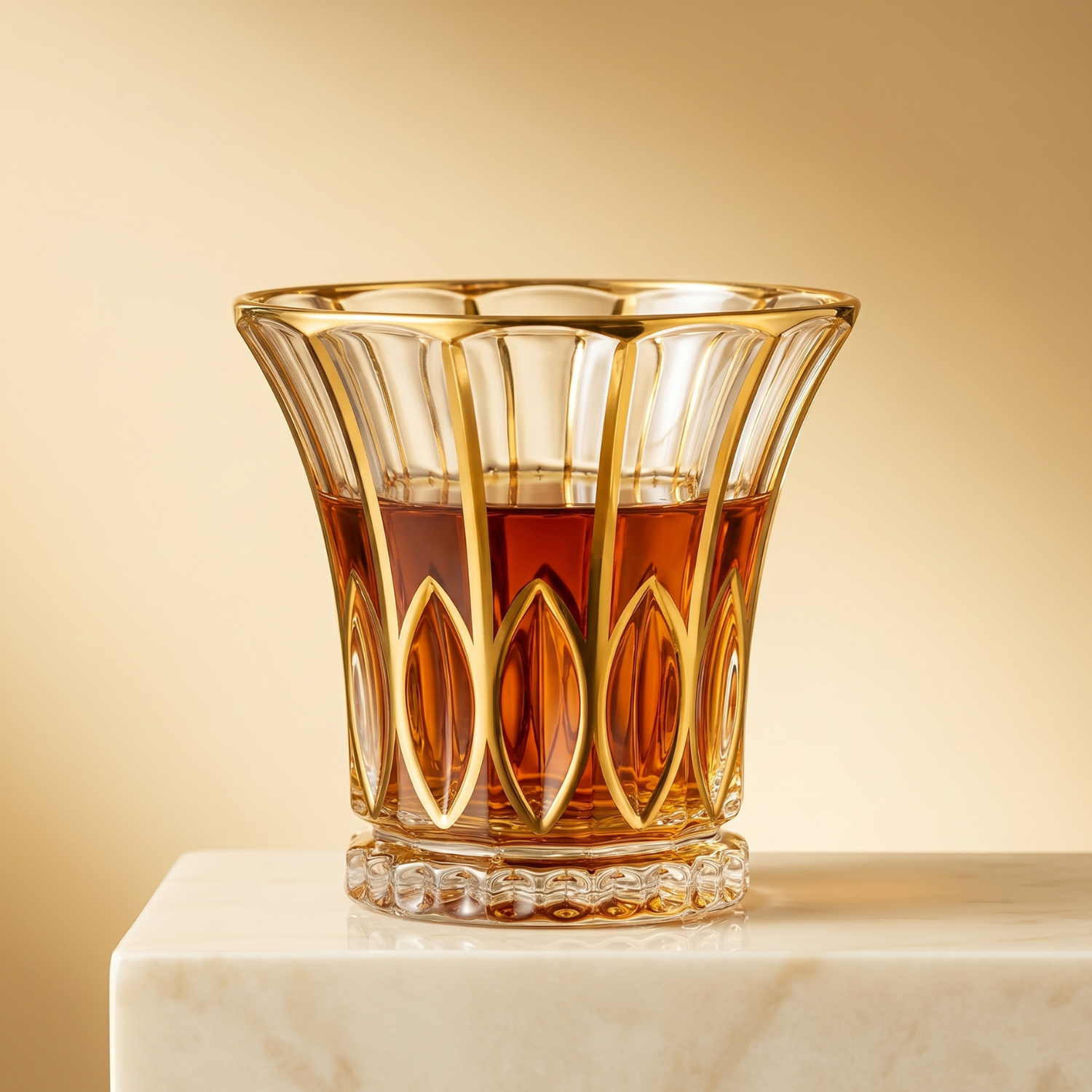 Leaf crystal whiskey tumbler with gold rim, fluted sides and botanical leaf cut pattern