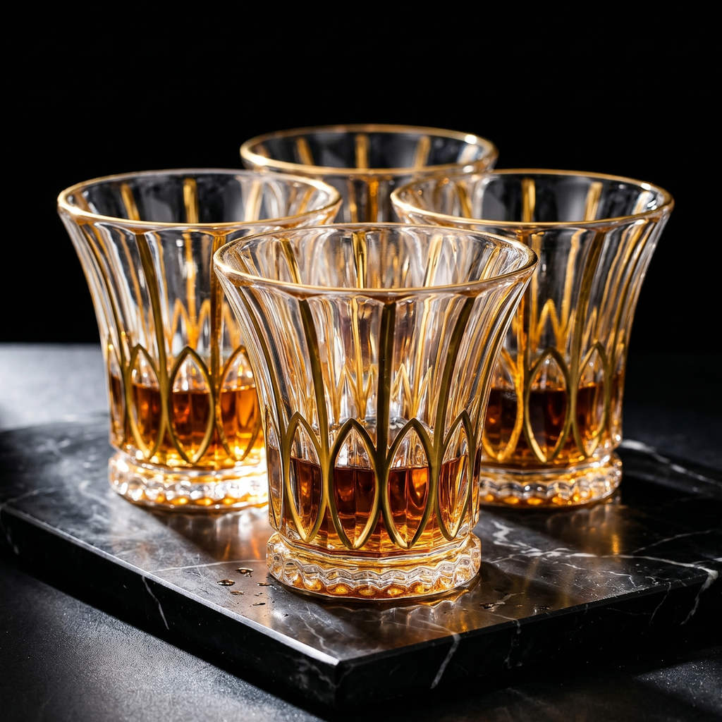 Leaf crystal whiskey tumbler with gold rim, flared sides and botanical leaf cut pattern