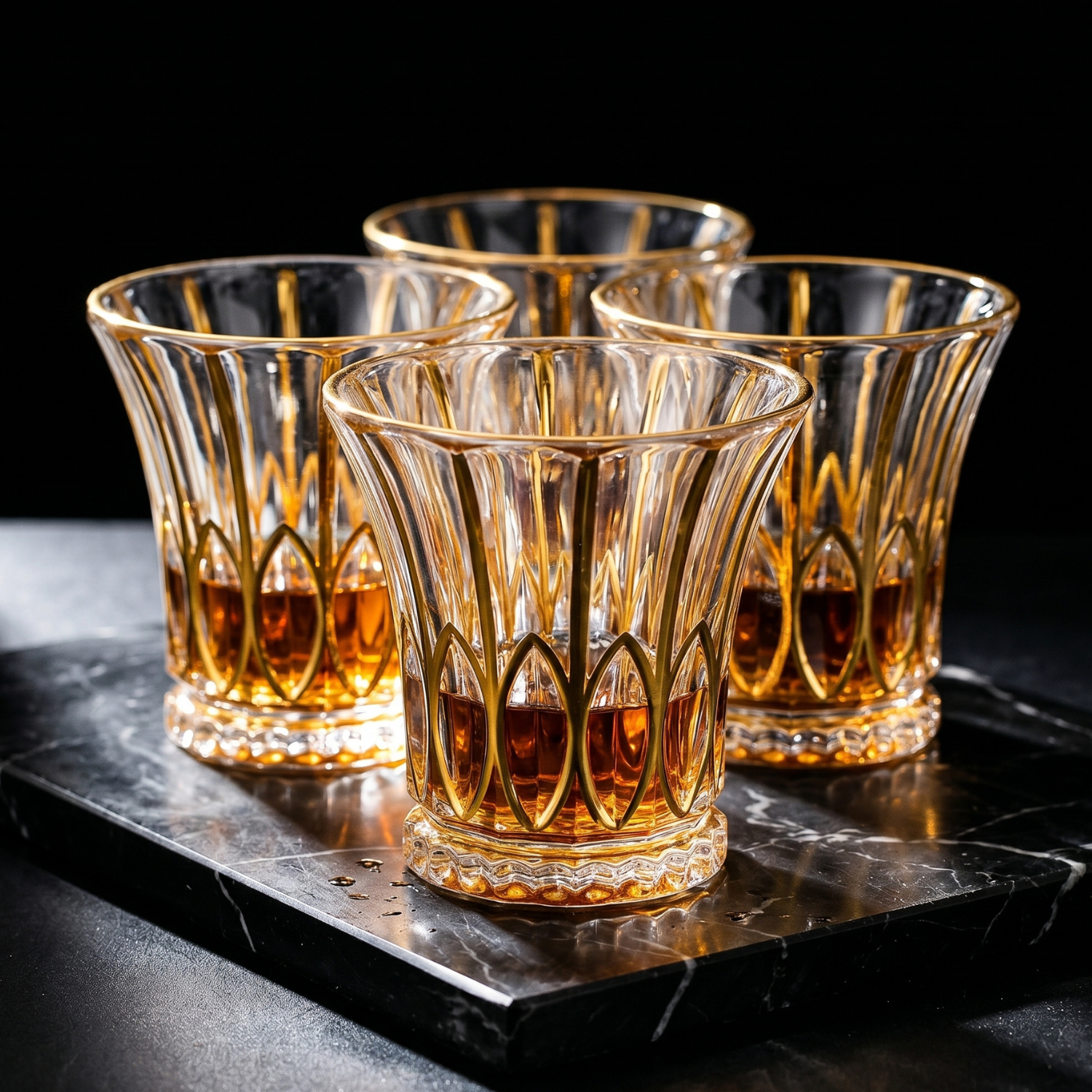 Leaf crystal whiskey tumbler with gold rim, flared sides and botanical leaf cut pattern
