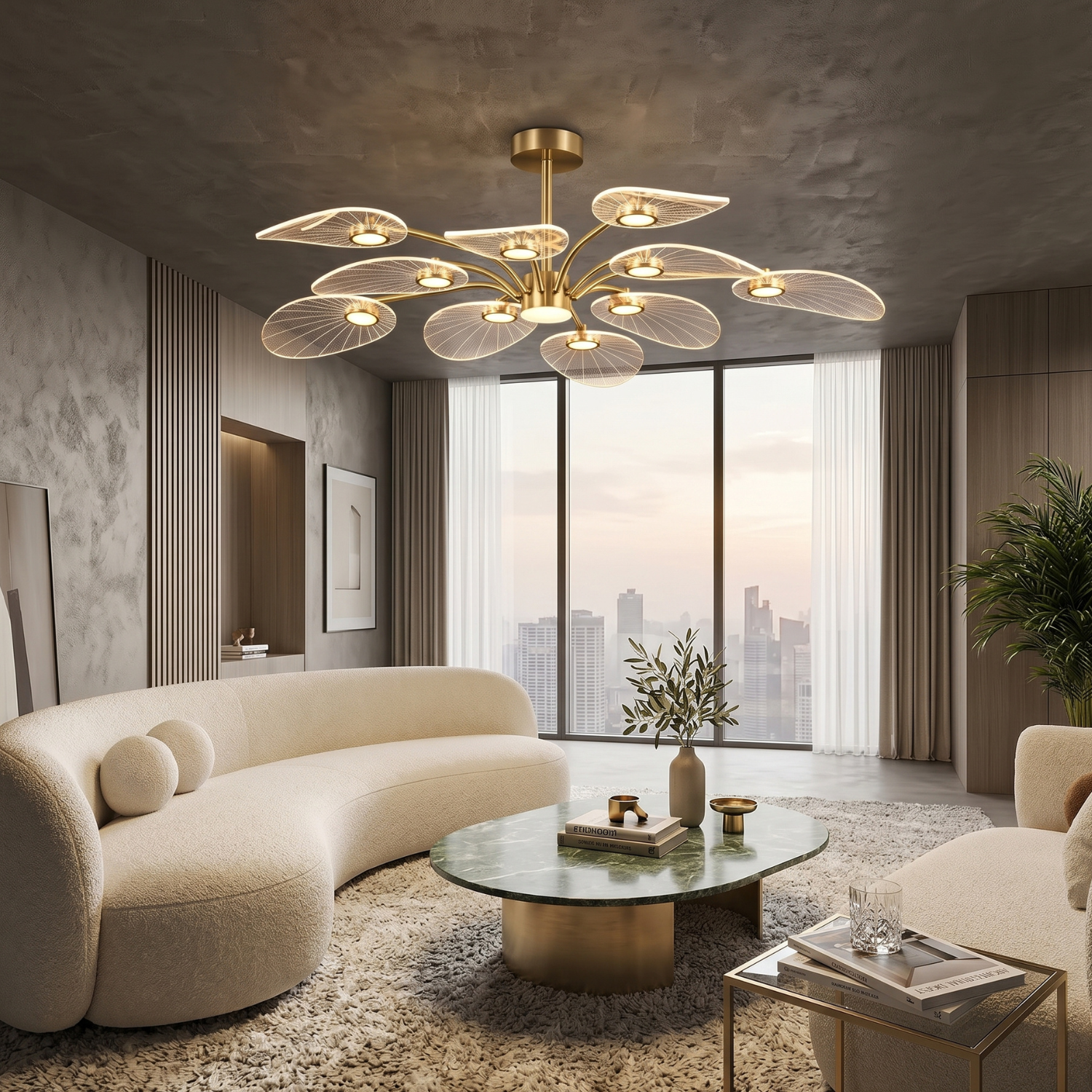 Lotus Leaf LED Chandelier | Modern Gold Sputnik Ceiling Light | 6, 8 or 10 Arm Branch Pendant Light for Living Room, Bedroom & Dining Room