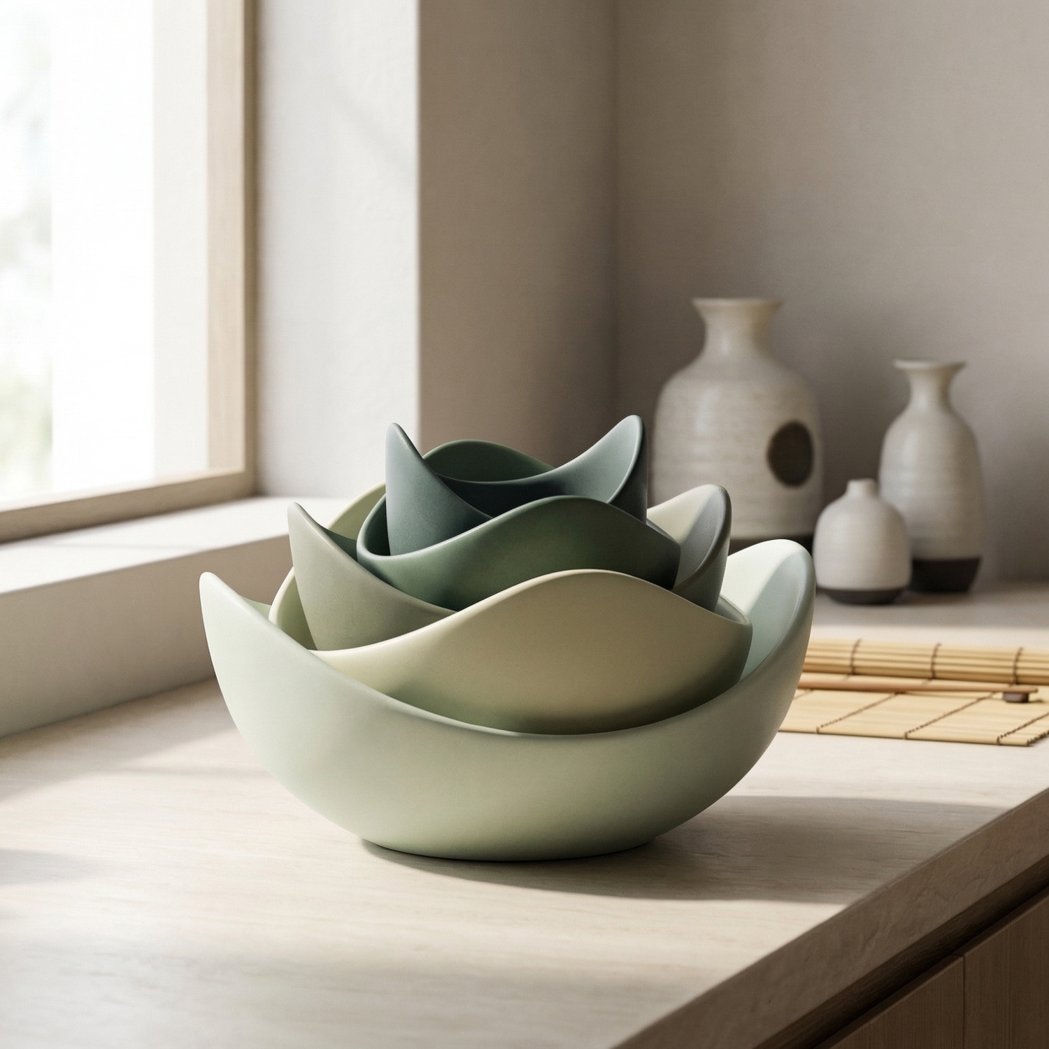 Lotus Stacking Bowl Set – 5 Piece Japanese Style Ceramic Serving Bowls (Morandi Colors)