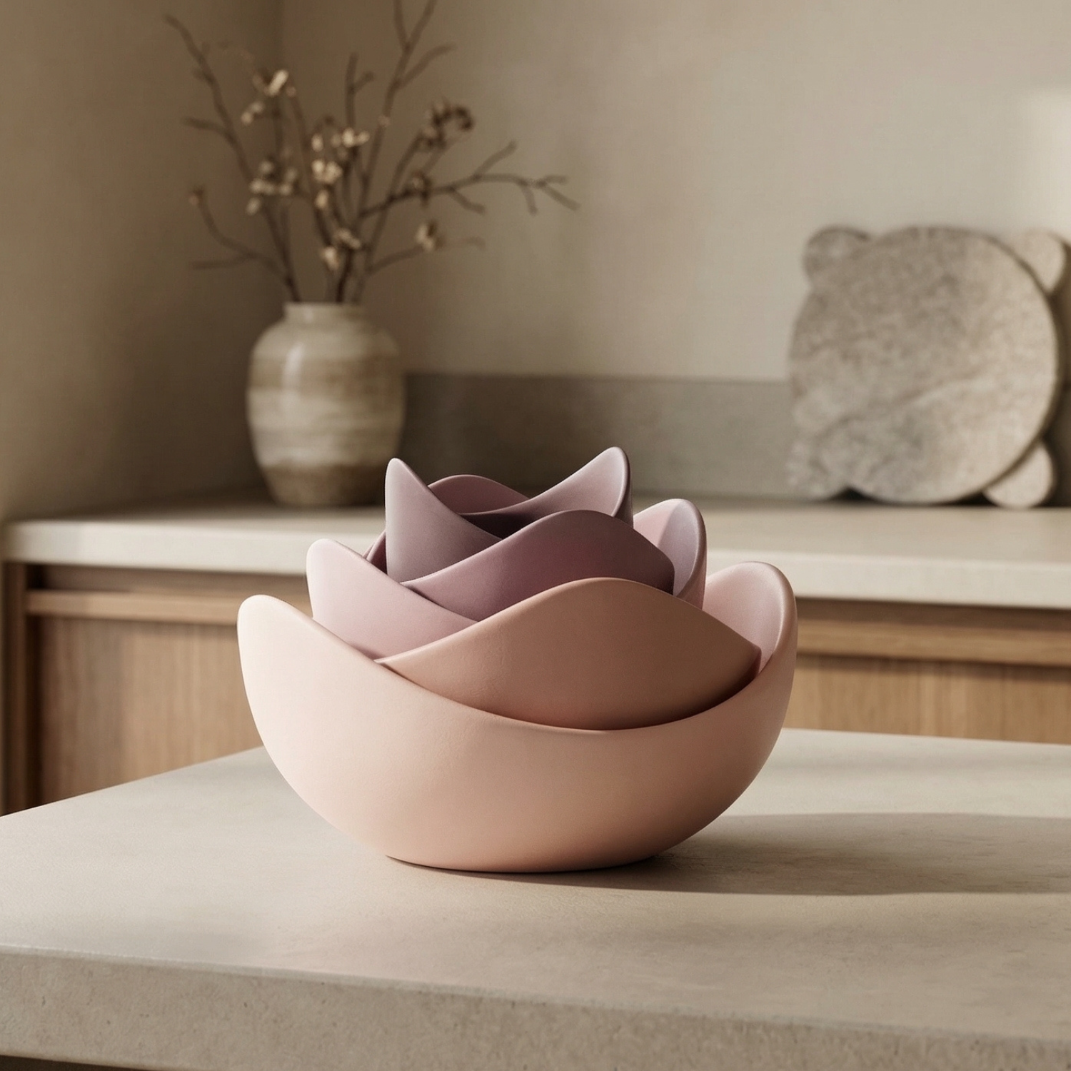 Lotus Stacking Bowl Set – 5 Piece Japanese Style Ceramic Serving Bowls (Morandi Colors)