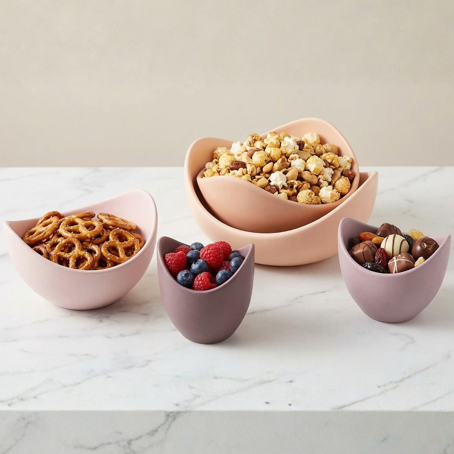 Lotus Stacking Bowl Set – 5 Piece Japanese Style Ceramic Serving Bowls (Morandi Colors)