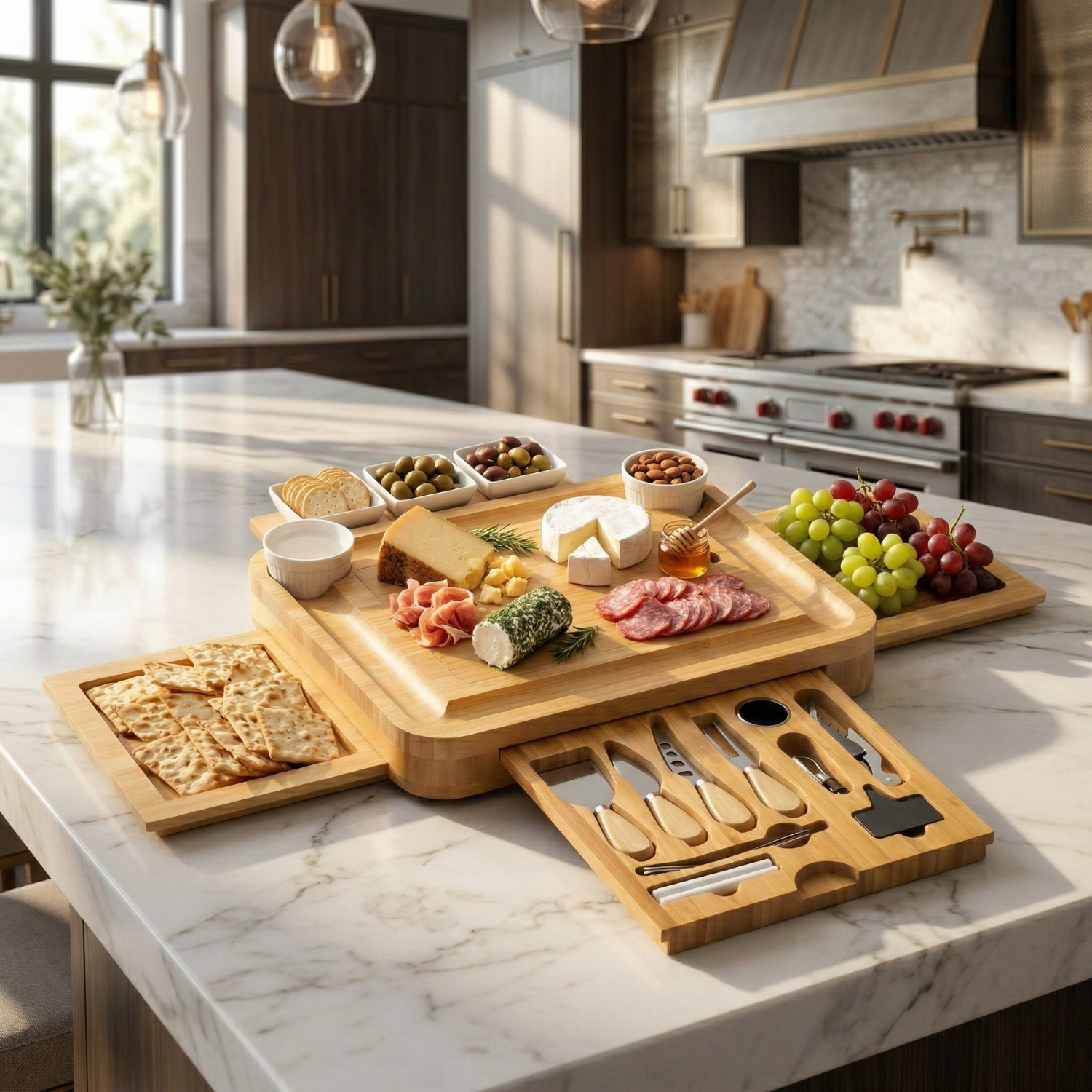 Luxury Bamboo Charcuterie Board Set with Hidden Drawers, Cheese Knives & Ceramic Bowls – Expandable Cheese Board Gift Set for Entertaining