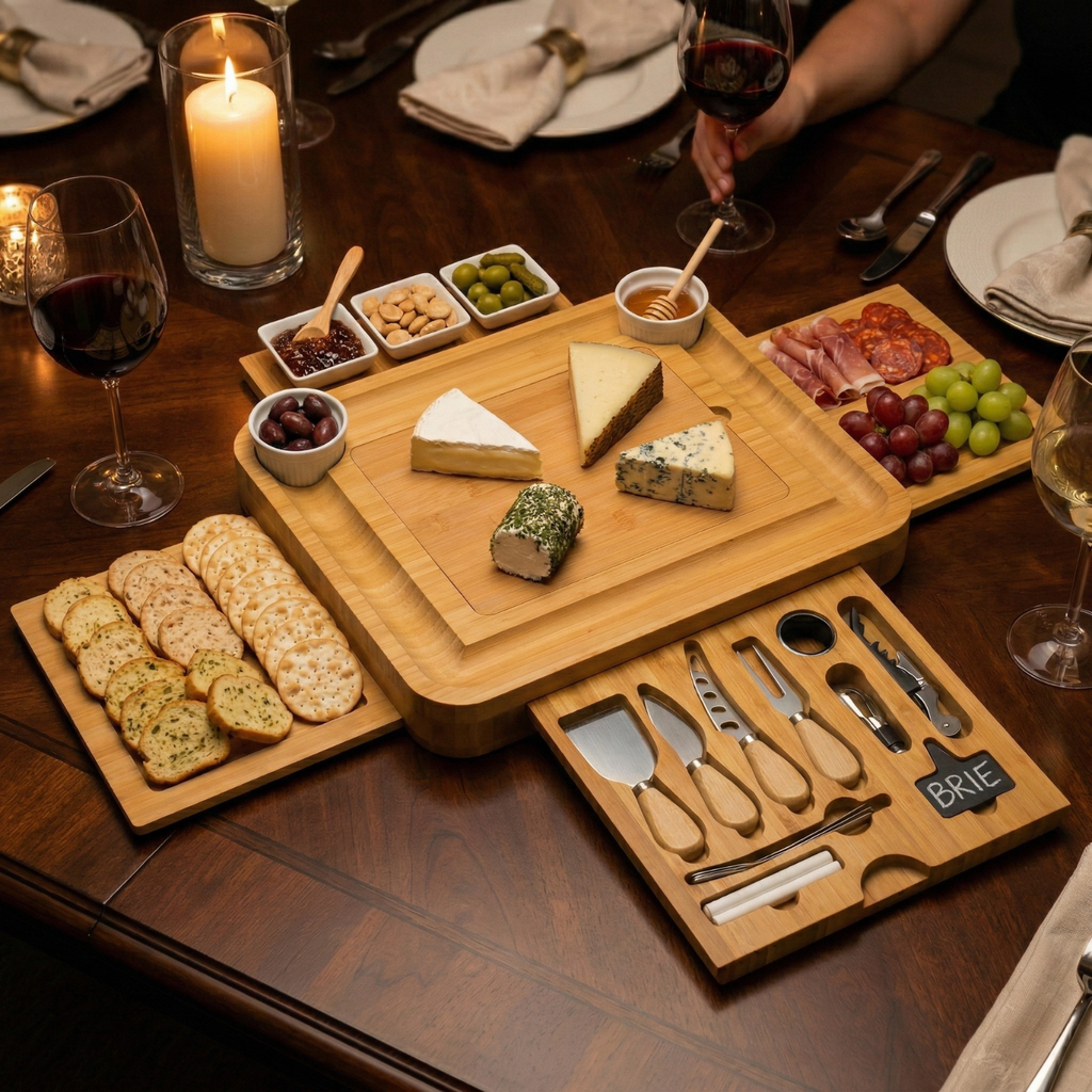 Luxury Bamboo Charcuterie Board Set with Hidden Drawers, Cheese Knives & Ceramic Bowls – Expandable Cheese Board Gift Set for Entertaining