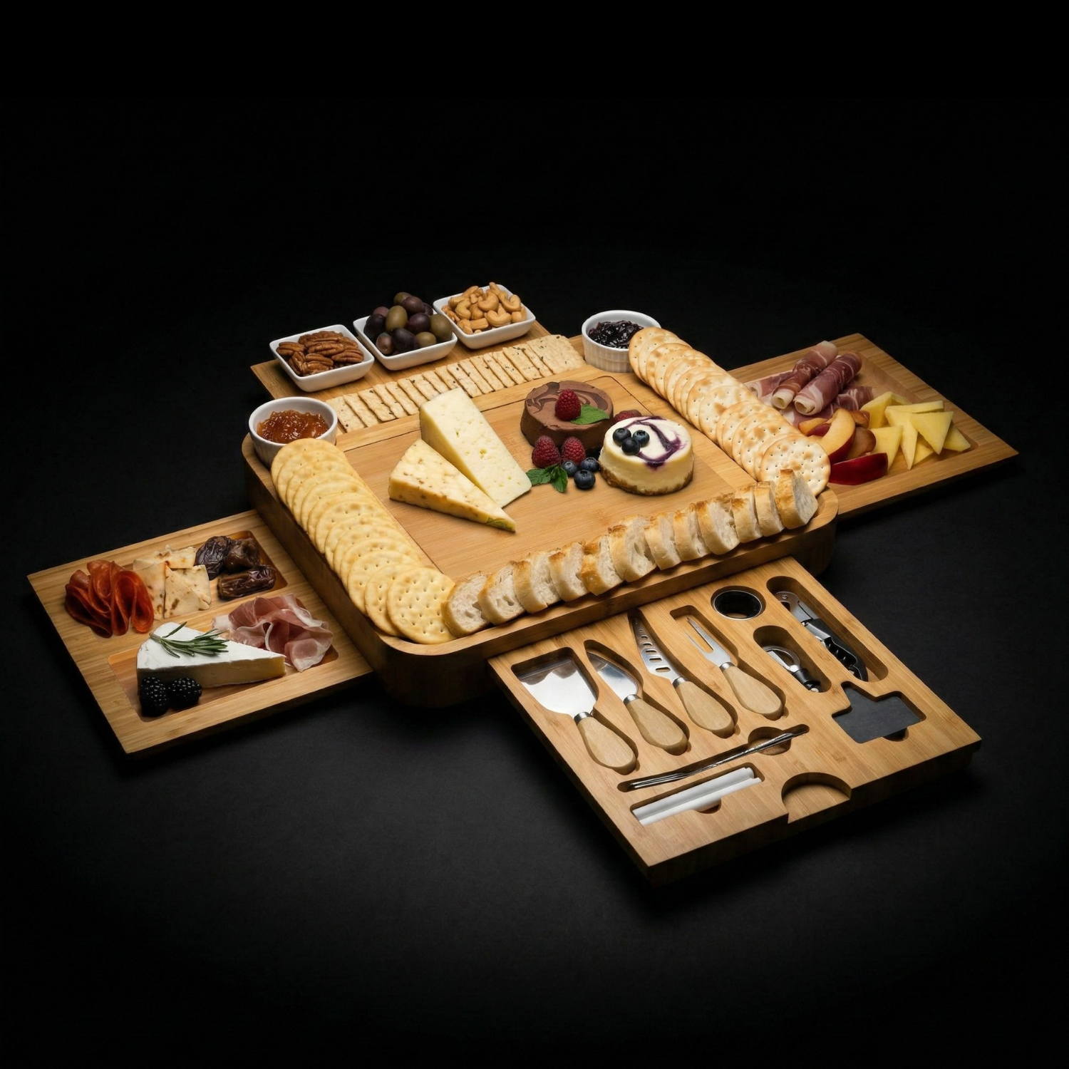 Luxury Bamboo Charcuterie Board Set with Hidden Drawers, Cheese Knives & Ceramic Bowls – Expandable Cheese Board Gift Set for Entertaining
